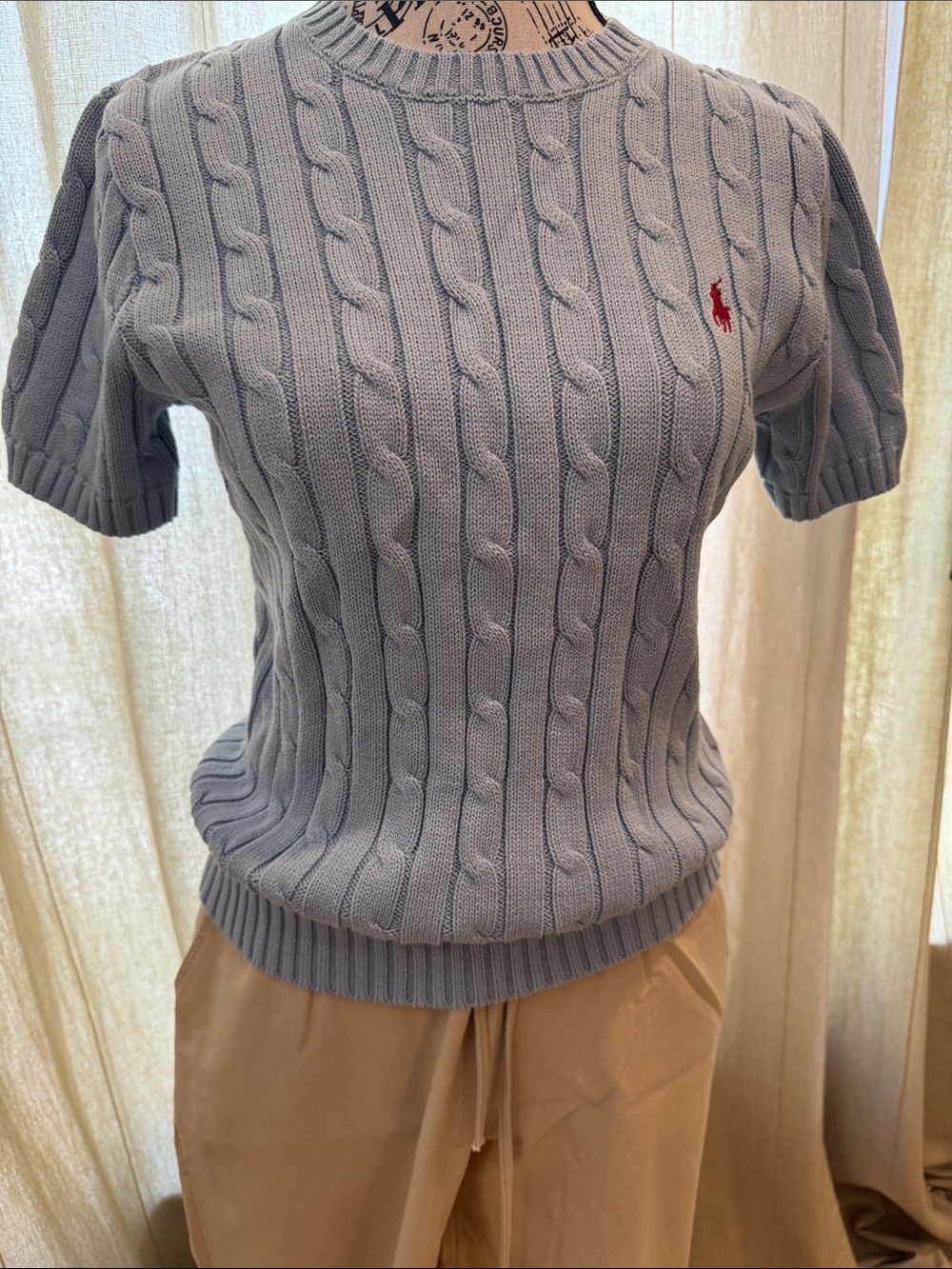Ralph Lauren Light Blue Cable Knit Short Sleeve Sweater with Red Pony